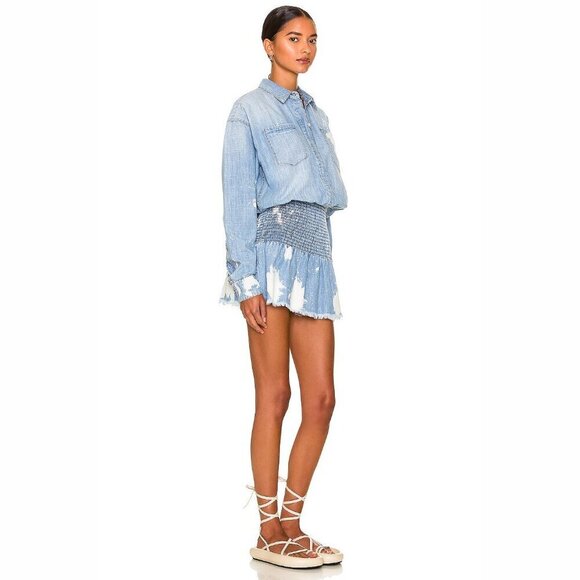 NWT SER.O.YA Monica bleached splashed denim mini dress with smocked waist, L - Picture 6 of 16